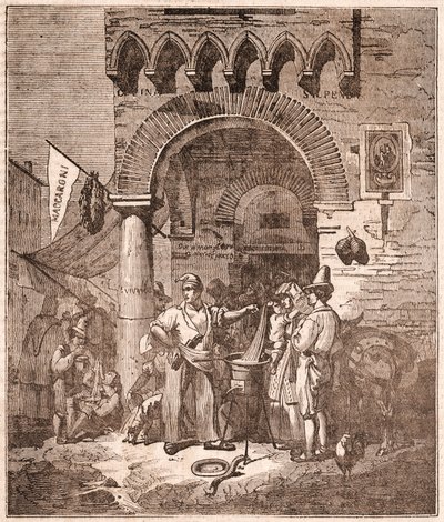 Handelaar kookt pasta in een pan, Italiaanse scène (gravure) door Unknown artist