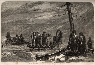 Handelsreiziger op een sneeuwkruispunt van de weg naar Sint-Petersburg. Tekening door Henriet, ter illustratie van zijn reis naar de Russische Baltische provincies in 1851-54. Gravure in 