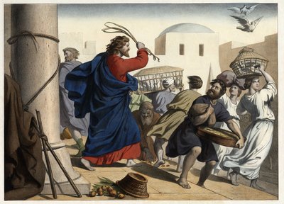 Kooplieden verdreven uit de tempel. Anonieme gravure uit het midden van de 19e eeuw. door Unknown artist