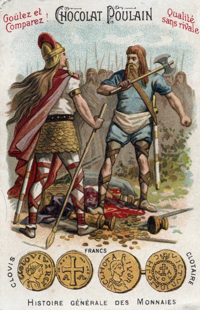 Merovingen: Clovis I doodt de soldaat die het vat van Soissons had gebroken, in 486. In Algemene Geschiedenis van Munten. Chocoladeveulen chromolithografie van het einde van de 19e eeuw. Privécollectie. door Unknown artist