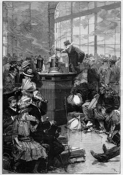 Maatregelen genomen tegen de cholera-epidemie verspreid in Toulon: de ontsmettingsruimte van het station van Lyon, Parijs. Gravure in “Le Monde Illustré” door Unknown artist