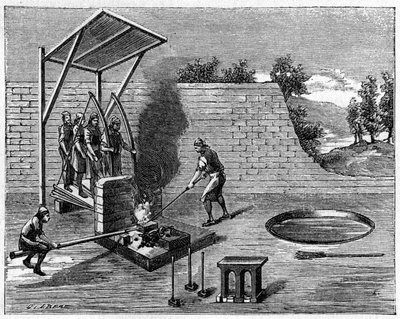 Metallurgie in de 18e eeuw: verplaatsbaar huis voor wandelende smeden. Gravure in 