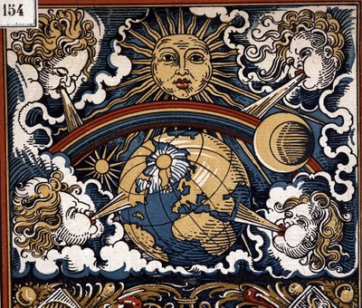 Meteorologische allegorie - Meteorologische allegorie (zon met aarde, winden, regenboog) - kalenderillustratie door Unknown artist