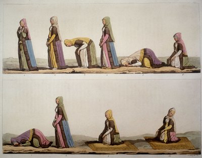 Methode voor gebedsposities van moslims. In "Het Oude en Moderne Kostuum" 1819-1820, door Ferrario door Unknown artist