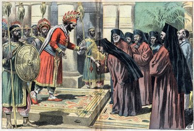 Mgr. Macaire omringt 50 priesters, presenteert de brief van paus Leo XIII aan de koning van Ethiopië Menelik die antwoordt 