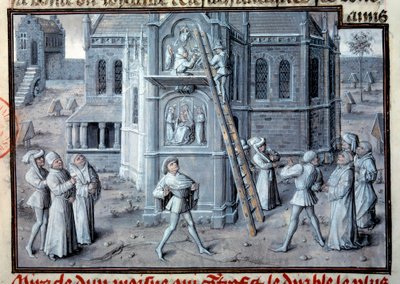 Middeleeuwen: de bouw van gotische kathedralen. Beeldhouwers werken aan reliëfs op een schaal. Miniatuur uit een manuscript. 15e eeuw Parijs, B.N. door Unknown artist