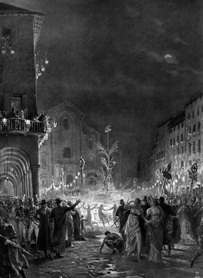 Milanese menigte in vreugde rond de Vrijheidsboom, symbool van overwinning op het Oude Regime, 05/1796 door Unknown artist
