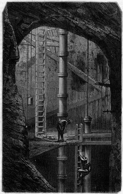 Mijnwerkers in een tinmijn in Cornwall, Engeland. Gravure in het tijdschrift 