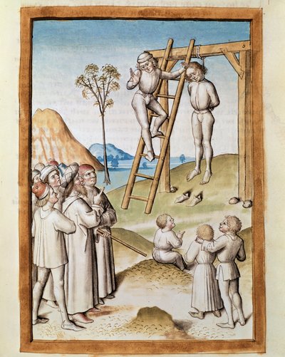 Miniatuur ophangscène uit een Duitse vertaling van de fabels van 