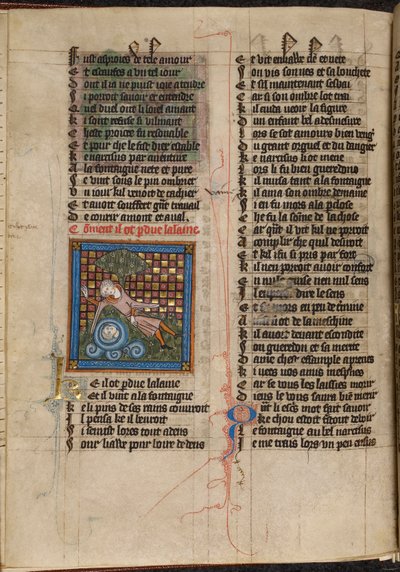 Miniatuur van Narcissus die zijn spiegelbeeld bewondert in een fontein, uit 