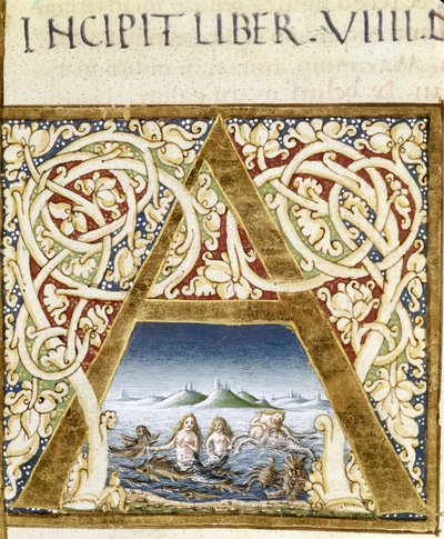 Miniatuur die sirenen voorstelt. Lettrine “A” - in “Naturalis Historiae” door Plinius de Oudere (23 - 79), ed. 1480. Victoria & Albert Library door Unknown artist