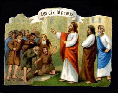 Wonderen van Jezus. Christus geneest de melaatsen. 19e-eeuwse chromolithografie door Unknown artist