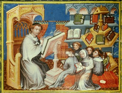 Kloosterschool van het klooster van de heremieten van Sint-Augustinus in Parijs: een monnik op een preekstoel leest een les met tieners met tonsuren maar ook met leken. Rechts een poundwiel. Miniatuur in 