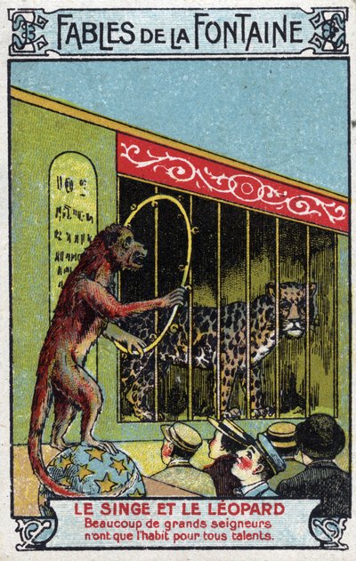 Aap en Luipaard - Fabels van Jean de La Fontaine (1621-95) - Chromolithografie eind 19e eeuw Privécollectie door Unknown artist
