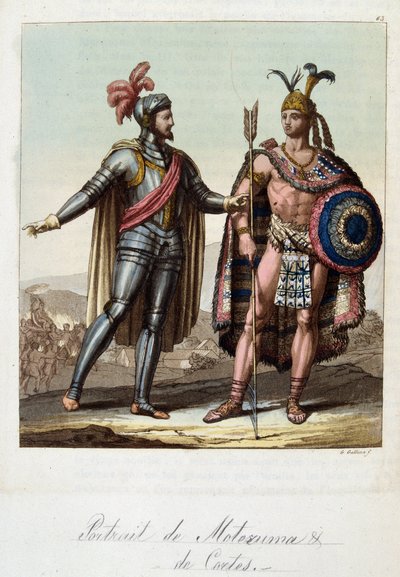Montezuma II, Azteekse koning, en Hernan Cortes, Spaanse conquistador - in 