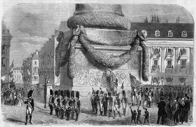 Ochtend van het nationale feest van 15 augustus 1864 aan de voet van de zuil van Place Vendôme in Parijs. Gravure in 