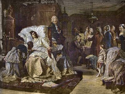 Mozarts laatste dagen naar het schilderij van Hermann Kaulbach (1846-1909) - Gli ultimi momenti di Mozart - laatste dag van Wolfgang Amadeus Mozart - gravure in 