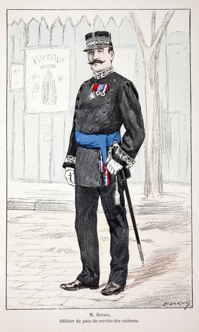 Mr. Roudil, vredesofficier van de autodienst. Kleurgravure, ter illustratie van 