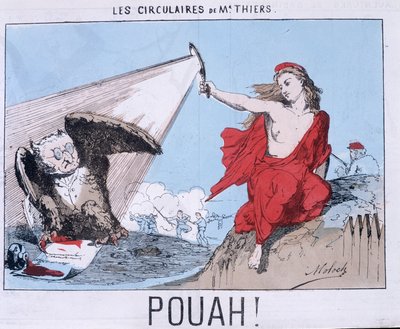 De flyers van meneer Thiers - Pouah! : Cartoon door Thiers in Uil en Marianne (La commune) verlicht hem. door Unknown artist