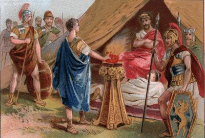 Mucius Scaevola voor Porsenna. Caius Mucius Scaevola, een jonge Romeinse patriciër, gevangen genomen door de koninklijke garde van Porsenna. door Unknown artist