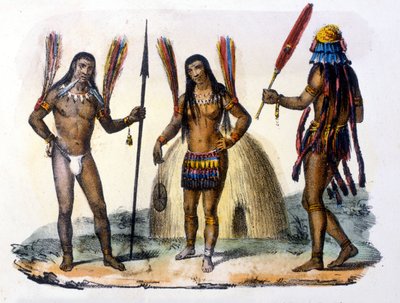 Mundrucu en Jivaros Indianen in Ecuador. Gravure 1846-48. door Unknown artist