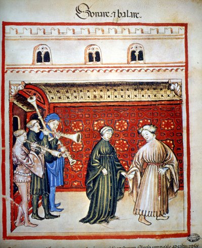 Muzikanten en dansers, -in Tacuinum Sanitatis door Unknown artist