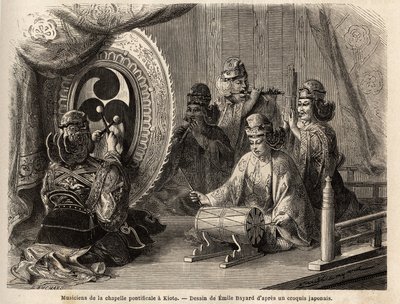 Muzikanten van de pauselijke kapel in Kyoto (of Kioto), spelen vijf heilige instrumenten, dwarsfluit en panfluit, zeeschelp, timpani en kakdaiko, de originele gong. Gravure ter illustratie van de reis naar Japan in 1863-1864, door Aime Humbert, minister va door Unknown artist