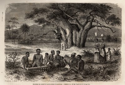 Muzikanten die marimba spelen (een mengeling van balafon en precolumbiaanse instrumenten) aan de oevers van de Zambezi-rivier. Gravure ter illustratie van Dr. Livingstone