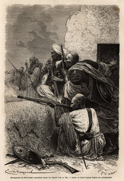 Moslimbergers hervestigd in de bergen van Svat, vechtend tegen een Engelse expeditie in 1863 om de plundering van dorpen in de regio te stoppen. Gravure ter illustratie van het verhaal van Pandjab en Kasjmir, door Guillaume Lejean in 1866, gepubliceerd in door Unknown artist