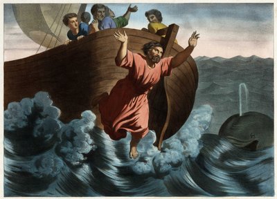 Jonas wordt overboord gegooid en door een vis opgeslokt. Anonieme gravure uit het midden van de 19e eeuw. door Unknown artist