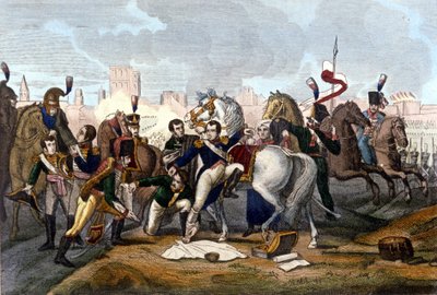 Napoleon I gewond voor Regensburg op 23 april 1809. Gravure 19e eeuw door Unknown artist
