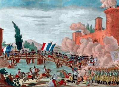 Napoleon leidt zijn leger over de brug bij Lodi - Napoleon tijdens de slag en passage van de brug van Lodi in 1796 - Passage van de brug van Lodi in Italië door het Republikeins-Franse leger onder leiding van generaal Napoleon Bonaparte door Unknown artist