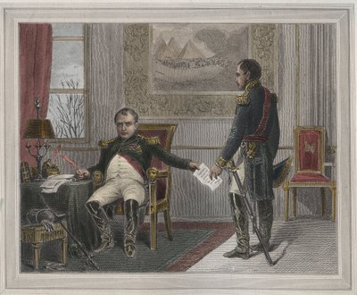 Napoleon ondertekent zijn abdicatie 1814 - Napoleon Bonaparte (1769-1821) in Fontainebleau tijdens zijn eerste abdicatie, ondertekend in april 1814 Gravure in 