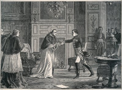 Napoleon bezoekt paus Pius VII in Fontainebleau 1804 - Bezoek van Napoleon I aan paus Pius VII in Fontainebleau 1804 door Unknown artist