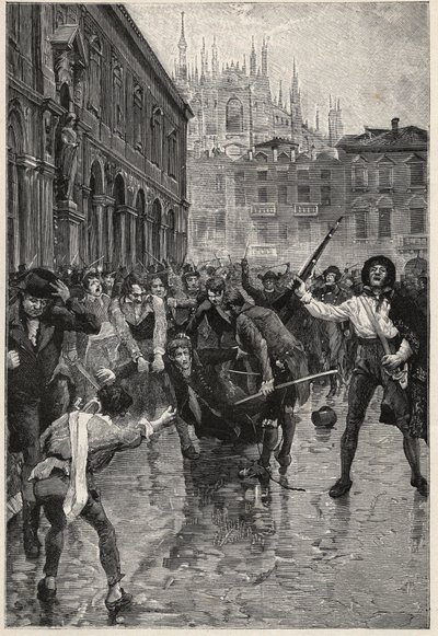 Napoleons abdicatie veroorzaakt rellen in Milaan, en Giuseppe Prina, de impopulaire minister van Financiën, wordt door de straten gesleept en uiteindelijk gedood door de menigte op Piazza San Fedele in Milaan, 20 april door Unknown artist