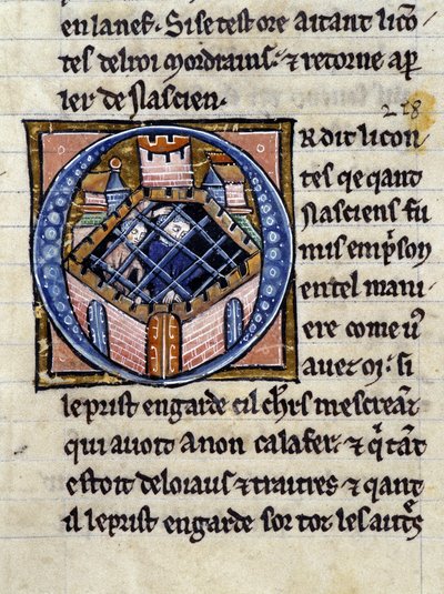 Nascion in de gevangenis. Manuscript: Verovering van de Heilige Graal, geschreven 717 jaar na de passie van onze heer. Bibliothèque municipale de Rennes, ms. 255 (Collectie van romans van de Ronde Tafel); Parijs door Unknown artist