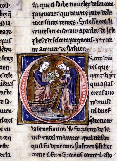 Nascion ontvangt het boek (?). Manuscript: Verovering van de Heilige Graal, geschreven 717 jaar na de passie van onze heer. Bibliothèque municipale de Rennes, ms. 255 (Collectie van romans van de Ronde Tafel); Parijs door Unknown artist