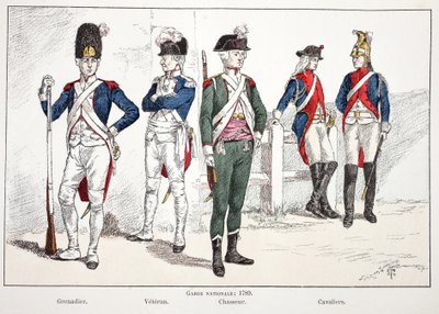 Nationale Garde, in 1789, van links naar rechts: de grenadier, de veteraan, de jager en de ruiters. Kleurgravure, ter illustratie van 