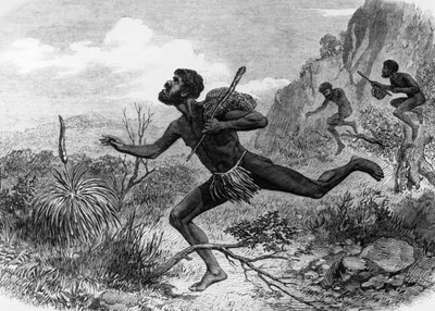 Inboorlingen (Aboriginals) uit Australië tijdens het bijenjagen 1863, gravure door Unknown artist