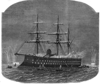 Marineverlichting in de haven van Spithead tijdens de reis van de Egyptische sultan Ismail Pasha (1830-1895) naar Engeland. Gravure in "The Illustrous Universe" door Unknown artist