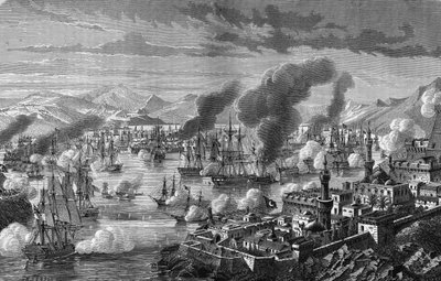 Slag bij Navarino van de Drievoudige Alliantie tegen de Turks-Egyptische vloot op 28 oktober door Unknown artist