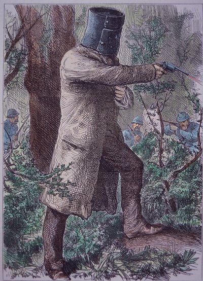 Ned Kelly, met zijn kenmerkende harnas, in de laatste confrontatie met de politie, 28 juni 1880 door Unknown artist