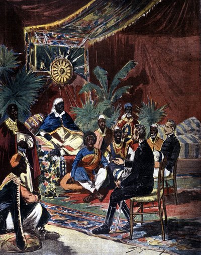 Onderhandelingen voor vrede met Ethiopië na de Italiaanse nederlaag in Adoua in 1896. Majoor Salsa en Kapitein Angherà ontmoetten Koning Menelik II (1844 - 1913) en zijn leiders. Illustratie van de late 19e-eeuwse pers door Silhouette. door Unknown artist