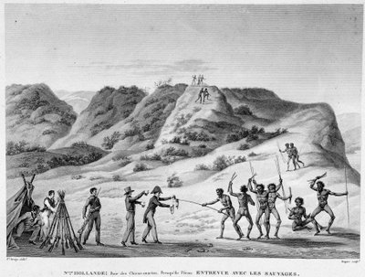 Nieuw-Holland, Baai van Marine Honden, Peron-schiereiland: ontmoeting met de Indianen (ontmoeting tussen Aboriginals en kolonisten) - gravure, begin 19e eeuw door Unknown artist