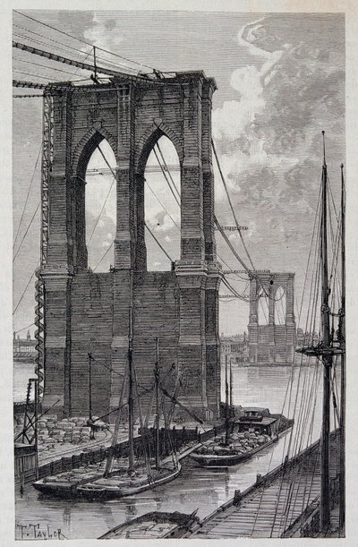 New York: Brooklyn Bridge pijlers in aanbouw - in "De Wereldreis", 2e semester 1881 door Unknown artist