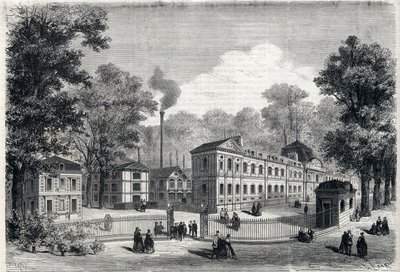 Nieuw gebouw van de keizerlijke porseleinfabriek in Sèvres in 1868. Gravure in 