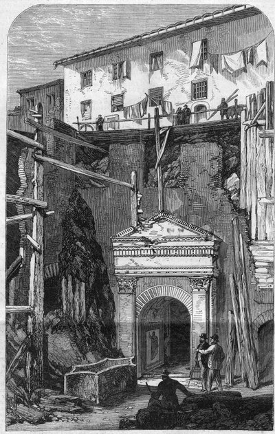 Nieuwe opgravingen in Rome: ontdekking van een wachterspositie van de zevende cohort (militair van het Romeinse Rijk). Gravure in 
