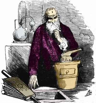 Nicolas Flamel (1330 - 1418) in zijn laboratorium door Unknown artist