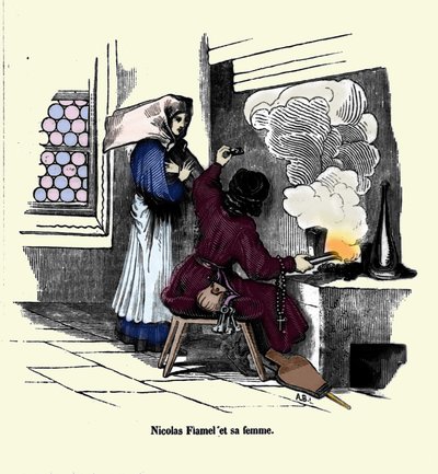 Nicolas Flamel (1330 - 1418) met zijn vrouw door Unknown artist