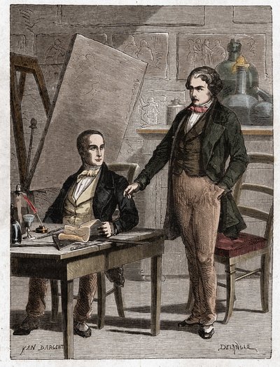Niepce leest aan Louis Daguerre de beschrijving van Heliografie voor, voor het vastleggen van beelden uit camera obscura - Nicephore Niepce (1765-1833), Franse uitvinder, pionier van de fotografie leest aan Daguerre de beschrijving van zijn methode voor door Unknown artist